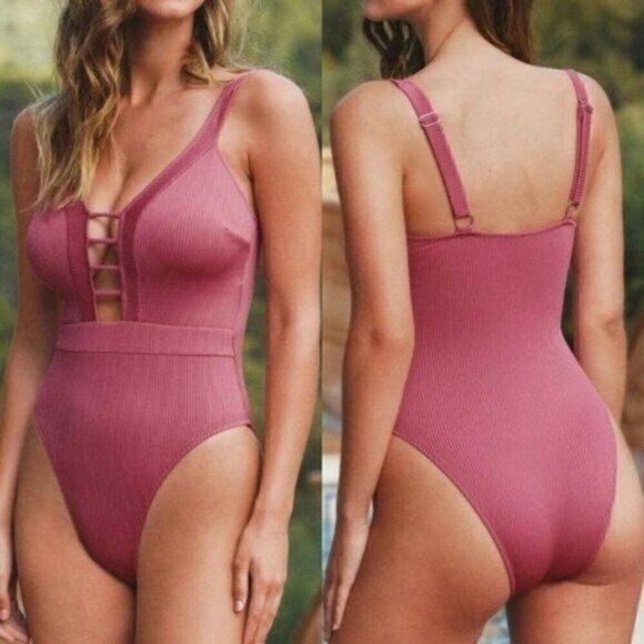 NEW Pink Ribbed Sexy V Neck One Piece Bathing Suit Size XL - Picture 1 of 7